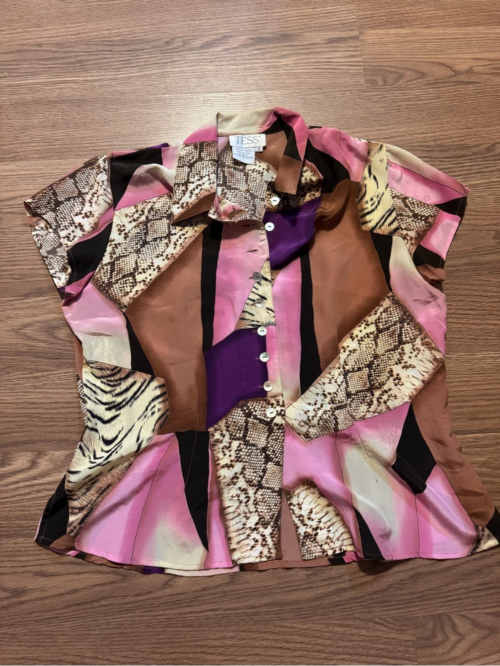 Vintage Tess Multicolor Patchwork Print Button-Up Blouse - Pink/Brown